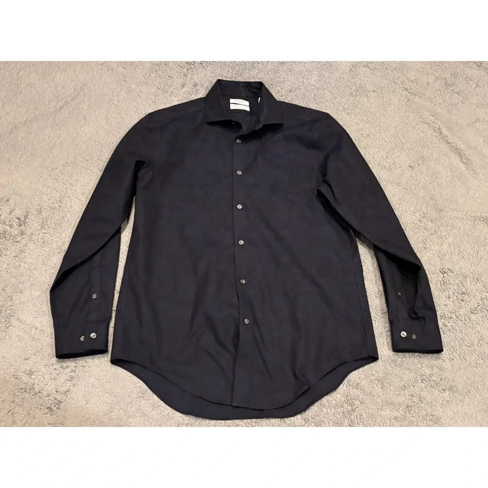 Calvin Klein Shirt Mens 15.5 32 Slim-Fit Performance Non-Iron Navy Blue Pattern